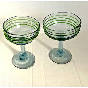 Hand Blown Large Margarita Stem Stemmed Glasses Green Swirl Lines Set / 2